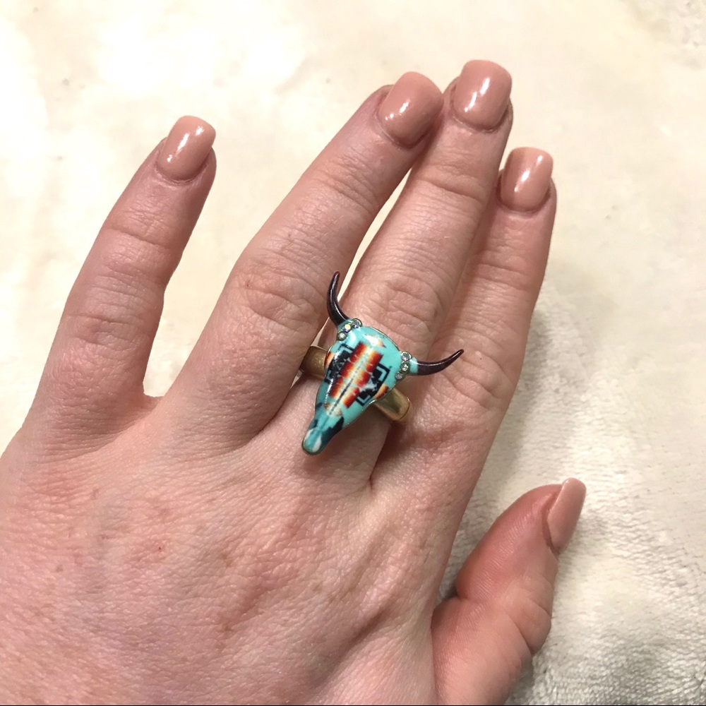 Aztec Print Turquoise Blue Crystal Bull Ring - Picture 5 of 5
